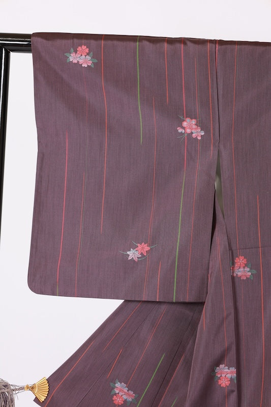 Japan used kimono Tsumugi silk, Nishijin weave, purple, green, tangerine, floral pattern, stripes, L36