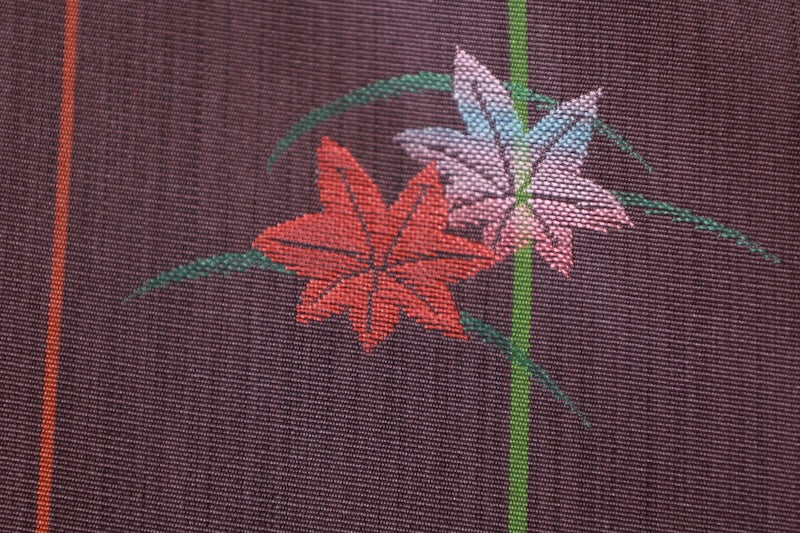 Japan used kimono Tsumugi silk, Nishijin weave, purple, green, tangerine, floral pattern, stripes, L36