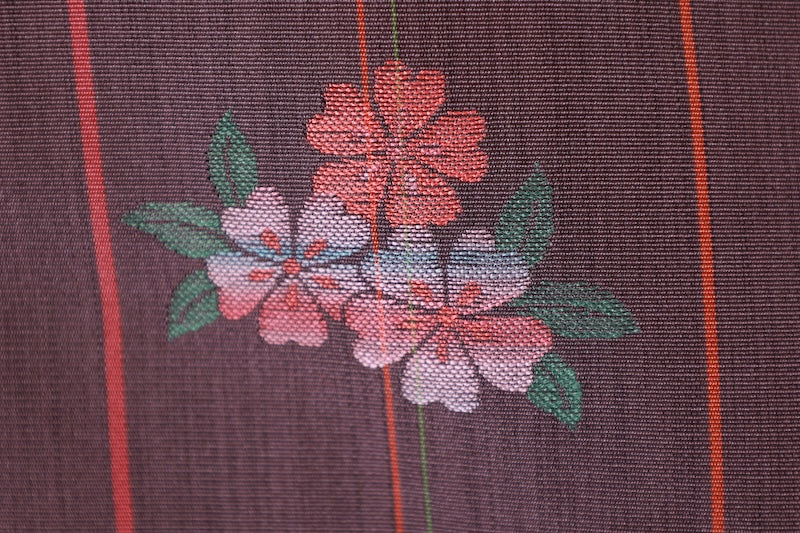 Japan used kimono Tsumugi silk, Nishijin weave, purple, green, tangerine, floral pattern, stripes, L36