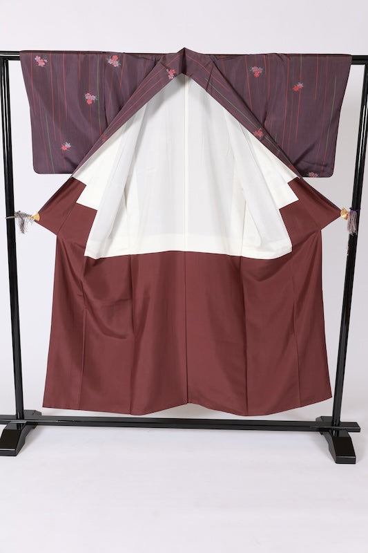 Japan used kimono Tsumugi silk, Nishijin weave, purple, green, tangerine, floral pattern, stripes, L36