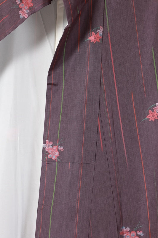Japan used kimono Tsumugi silk, Nishijin weave, purple, green, tangerine, floral pattern, stripes, L36