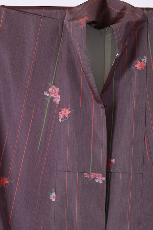 Japan used kimono Tsumugi silk, Nishijin weave, purple, green, tangerine, floral pattern, stripes, L36