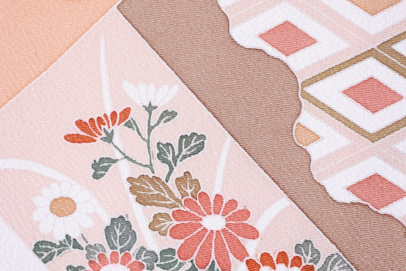 Komon (used kimono) - Beige, Coral, and shades of brown - Camellia, Iris, Dewdrop grass, Seigaiha (wave pattern), Diamond pattern, Chrysanthemum - Kyo-Yuzen (Kyoto-style dyeing) - L41