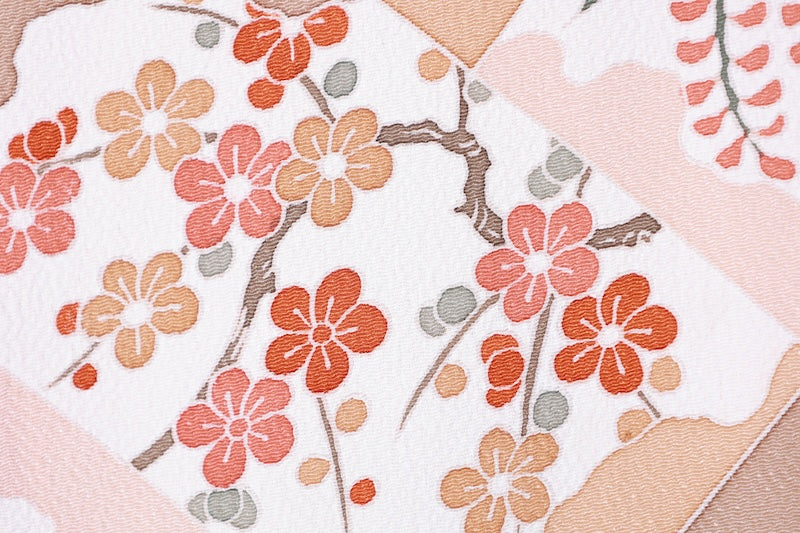 Komon (used kimono) - Beige, Coral, and shades of brown - Camellia, Iris, Dewdrop grass, Seigaiha (wave pattern), Diamond pattern, Chrysanthemum - Kyo-Yuzen (Kyoto-style dyeing) - L41