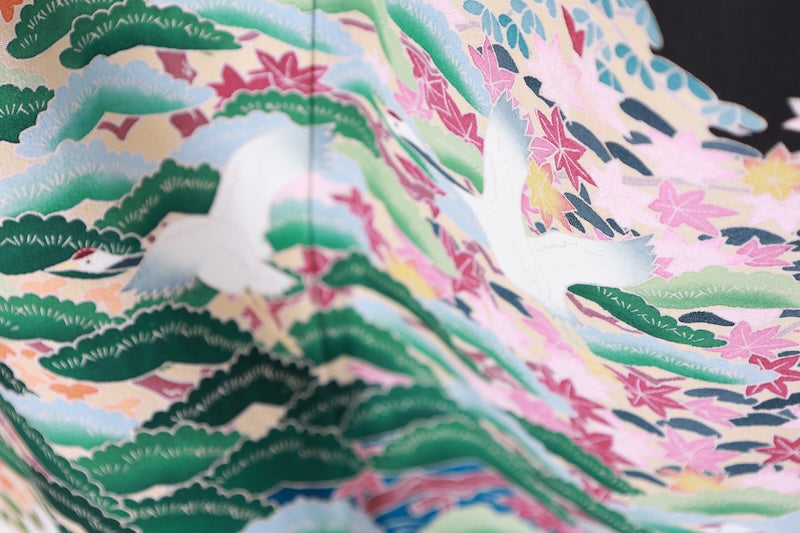 Black formal kimono　used (Kurotomesode) with five crests, a hollyhock on the right, indigo, shades of green, purple, gray, and ochre, featuring cranes and a landscape design, Kyoto Kaga Yuzen dyeing, L44