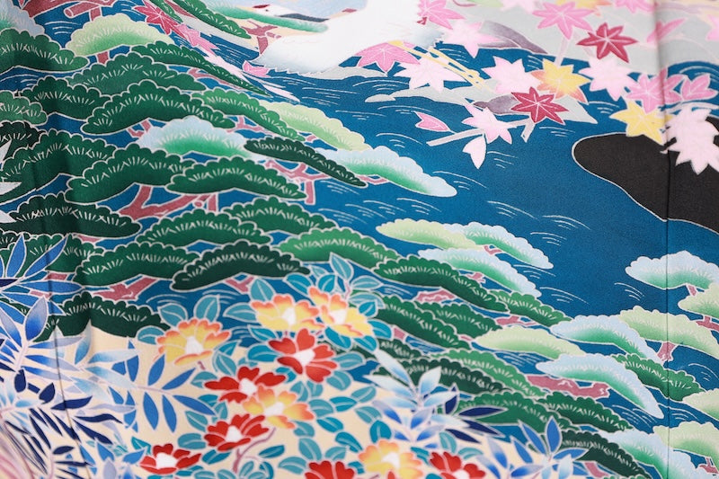 Black formal kimono　used (Kurotomesode) with five crests, a hollyhock on the right, indigo, shades of green, purple, gray, and ochre, featuring cranes and a landscape design, Kyoto Kaga Yuzen dyeing, L44