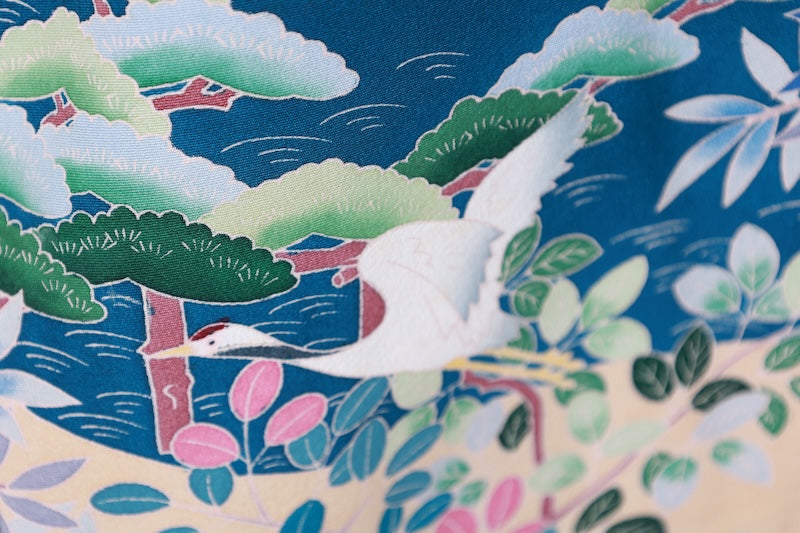 Black formal kimono　used (Kurotomesode) with five crests, a hollyhock on the right, indigo, shades of green, purple, gray, and ochre, featuring cranes and a landscape design, Kyoto Kaga Yuzen dyeing, L44