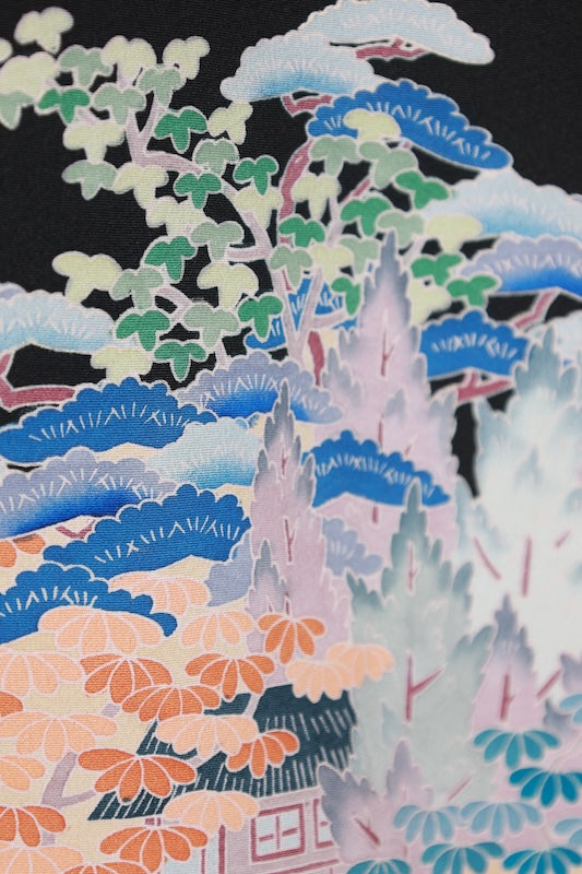 Black formal kimono　used (Kurotomesode) with five crests, a hollyhock on the right, indigo, shades of green, purple, gray, and ochre, featuring cranes and a landscape design, Kyoto Kaga Yuzen dyeing, L44