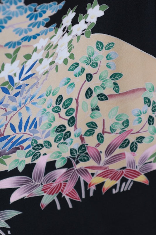 Black formal kimono　used (Kurotomesode) with five crests, a hollyhock on the right, indigo, shades of green, purple, gray, and ochre, featuring cranes and a landscape design, Kyoto Kaga Yuzen dyeing, L44