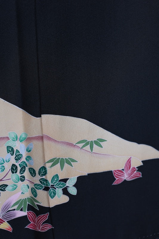 Black formal kimono　used (Kurotomesode) with five crests, a hollyhock on the right, indigo, shades of green, purple, gray, and ochre, featuring cranes and a landscape design, Kyoto Kaga Yuzen dyeing, L44