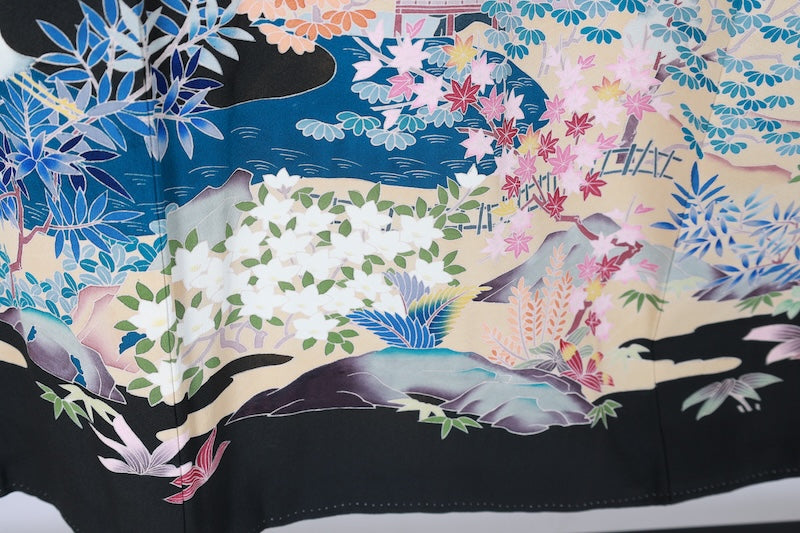 Black formal kimono　used (Kurotomesode) with five crests, a hollyhock on the right, indigo, shades of green, purple, gray, and ochre, featuring cranes and a landscape design, Kyoto Kaga Yuzen dyeing, L44