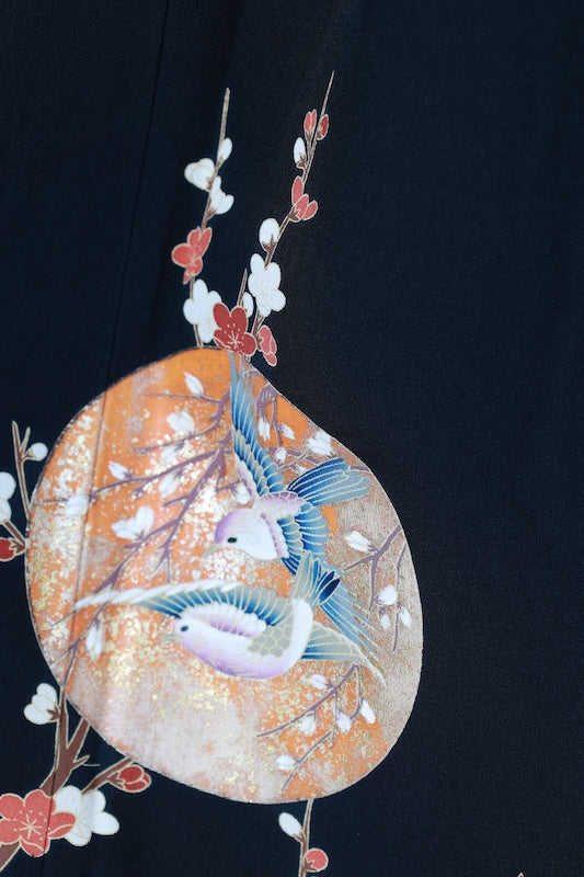 Black formal kimono used with five crests, Dakimiyoga pattern, gold, coral red, indigo, purple, shades of brown, floral and bird motif, L38
