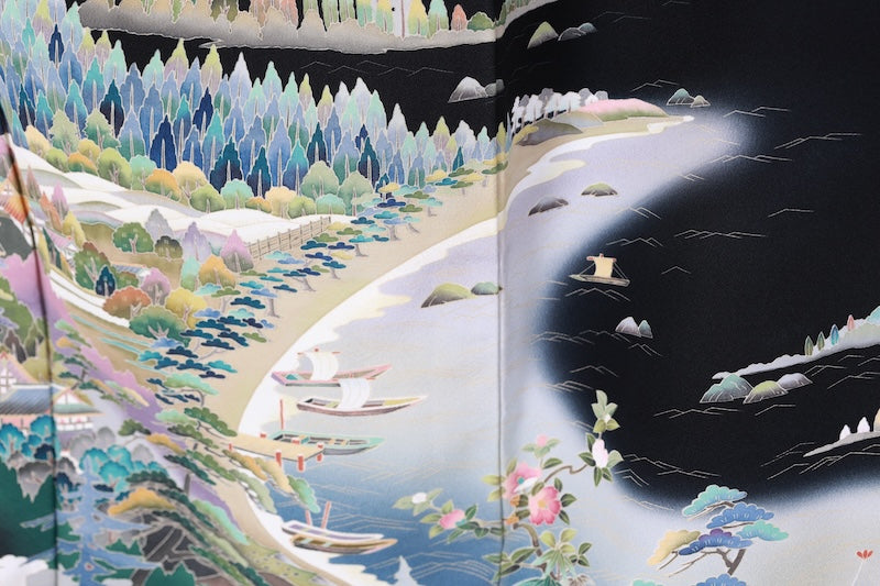 Black formal kimono used(Kurotomesode) with five crests of overlapping arrows in a circle, in shades of yellow-green, purple, indigo, coral, and white, depicting a seaside landscape, by a renowned artist, Kyoto Kaga Yuzen dyeing technique, L47
