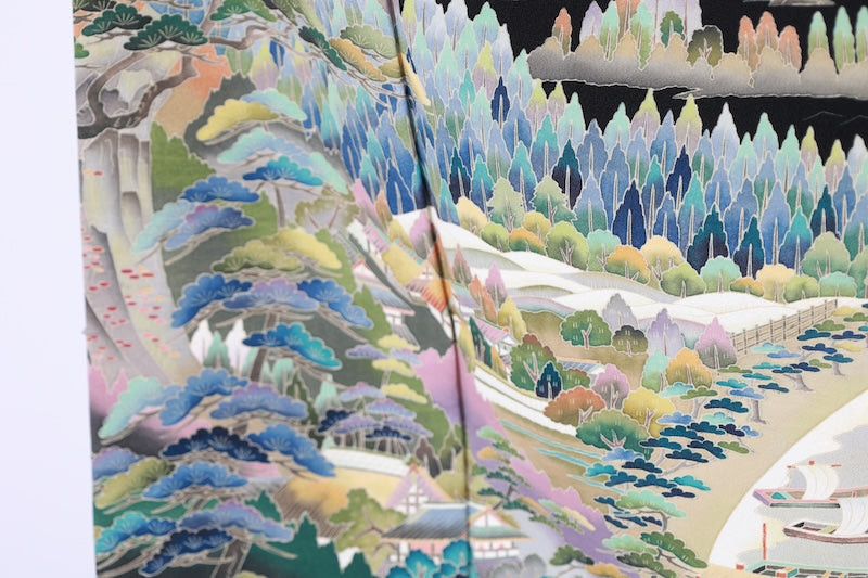 Black formal kimono used(Kurotomesode) with five crests of overlapping arrows in a circle, in shades of yellow-green, purple, indigo, coral, and white, depicting a seaside landscape, by a renowned artist, Kyoto Kaga Yuzen dyeing technique, L47