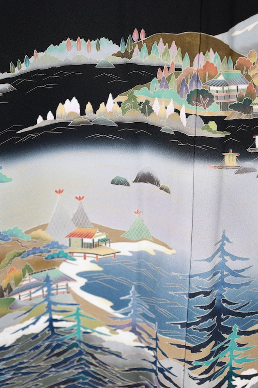 Black formal kimono used(Kurotomesode) with five crests of overlapping arrows in a circle, in shades of yellow-green, purple, indigo, coral, and white, depicting a seaside landscape, by a renowned artist, Kyoto Kaga Yuzen dyeing technique, L47