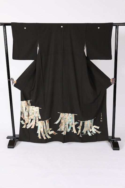 Japanese kimono used <Kurotomesode> L-size  silk 100% /B1090