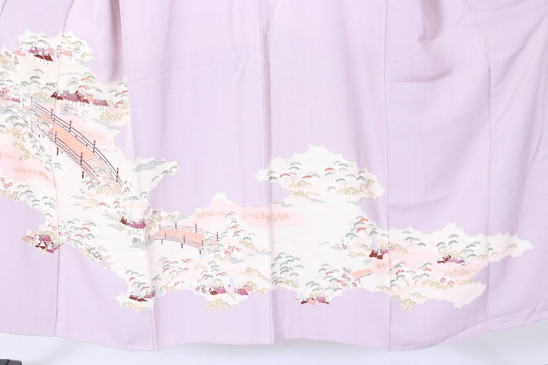 Japanese formal kimono used (Irotomesode) with one crest and nine stars, light purple, green, brown, purple, gold, floral and landscape design, Kyo-Yuzen dyeing, B73