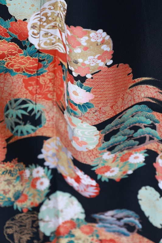 Japanese kimono used <Kurotomesode> L-size  silk 100% /B1091