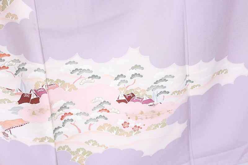 Japanese formal kimono used (Irotomesode) with one crest and nine stars, light purple, green, brown, purple, gold, floral and landscape design, Kyo-Yuzen dyeing, B73