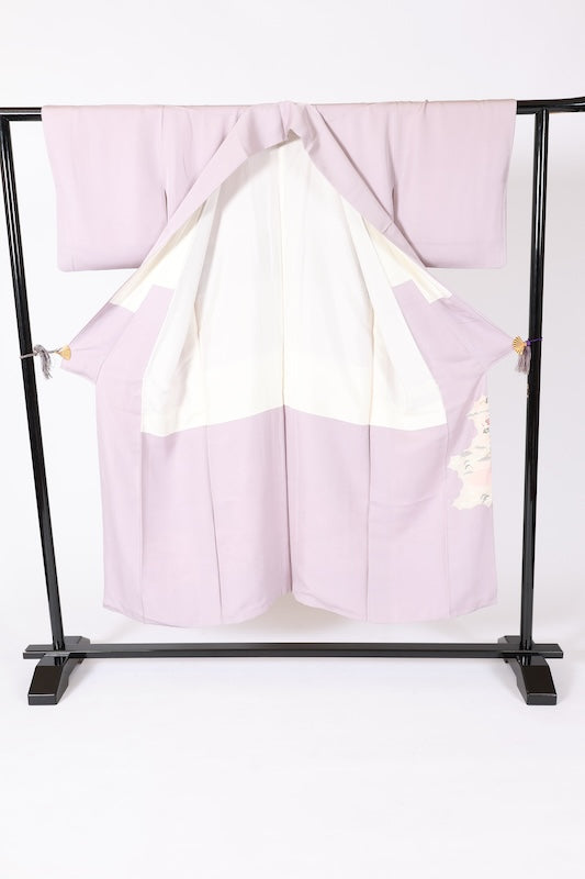 Japanese formal kimono used (Irotomesode) with one crest and nine stars, light purple, green, brown, purple, gold, floral and landscape design, Kyo-Yuzen dyeing, B73