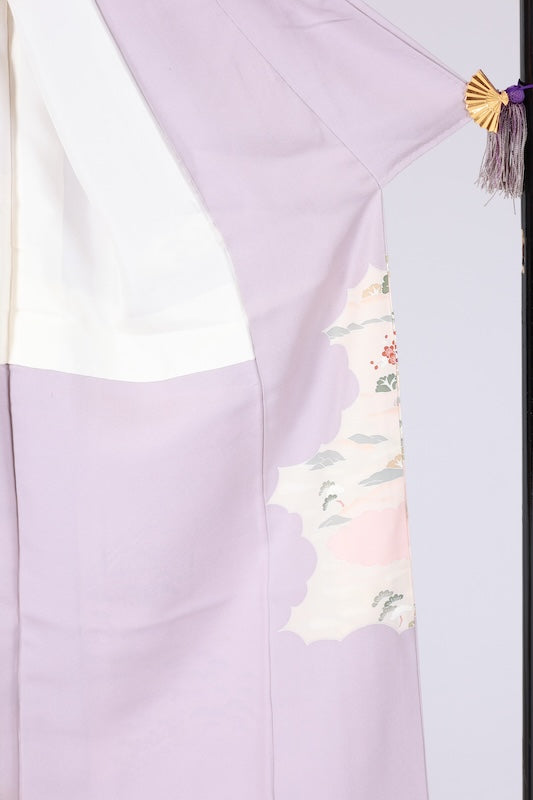 Japanese formal kimono used (Irotomesode) with one crest and nine stars, light purple, green, brown, purple, gold, floral and landscape design, Kyo-Yuzen dyeing, B73