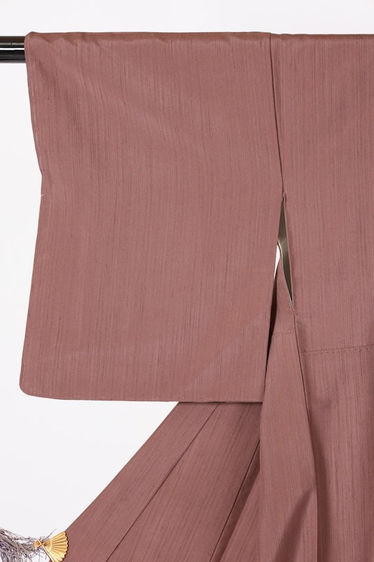 New, unused formal kimono (Houmongi), Tsumugi silk, shades of brown, green, purple, reddish-brown, embroidered tie-dye, hat tie-dye, floral pattern, L68