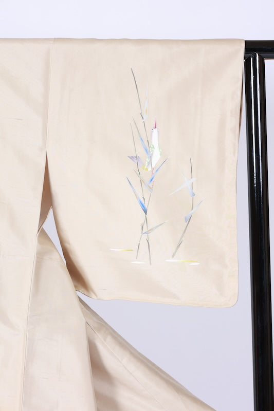 Authentic Kaga Yuzen Tsukesage  (formal kimono), brand new, unused, with certificate of authenticity, Hakusan Tsumugi silk, light green, shades of indigo and purple, green, ochre, reed bird design, Kyoko Kondo, L70
