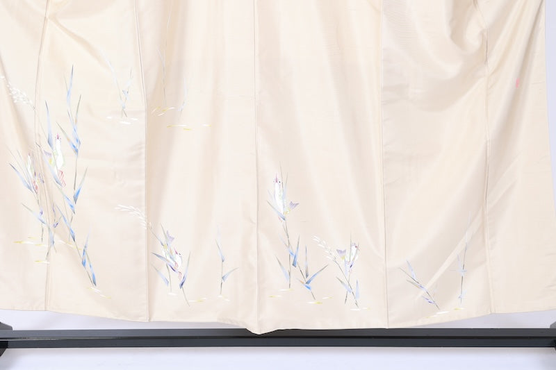 Authentic Kaga Yuzen Tsukesage  (formal kimono), brand new, unused, with certificate of authenticity, Hakusan Tsumugi silk, light green, shades of indigo and purple, green, ochre, reed bird design, Kyoko Kondo, L70