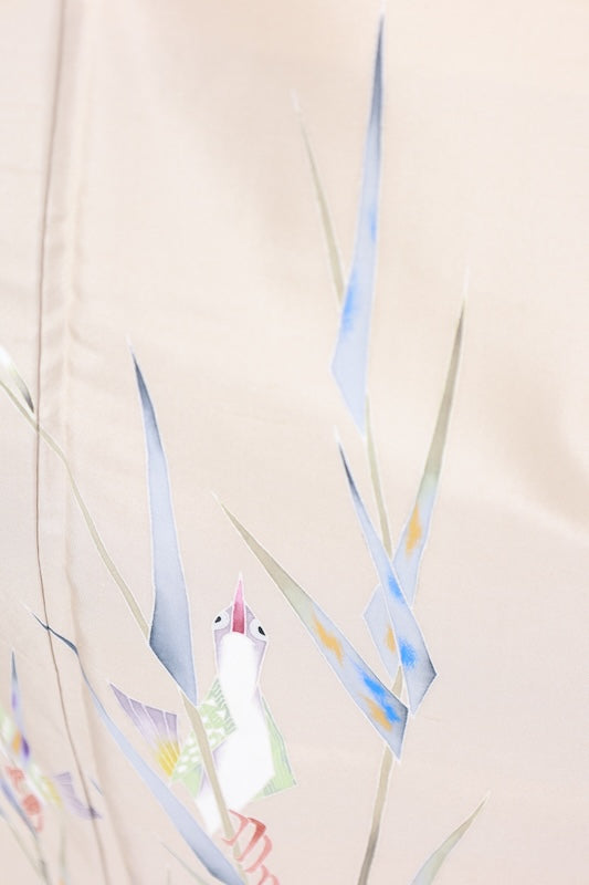 Authentic Kaga Yuzen Tsukesage  (formal kimono), brand new, unused, with certificate of authenticity, Hakusan Tsumugi silk, light green, shades of indigo and purple, green, ochre, reed bird design, Kyoko Kondo, L70