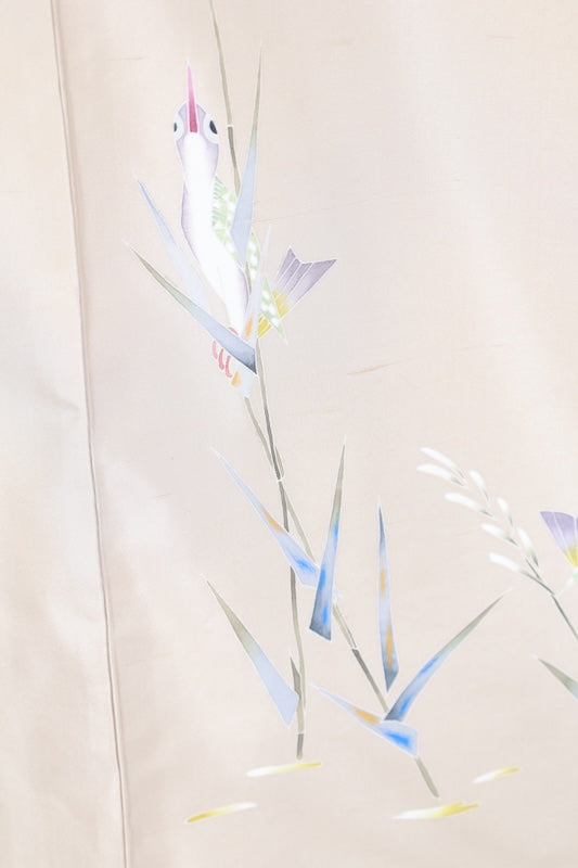 Authentic Kaga Yuzen Tsukesage  (formal kimono), brand new, unused, with certificate of authenticity, Hakusan Tsumugi silk, light green, shades of indigo and purple, green, ochre, reed bird design, Kyoko Kondo, L70