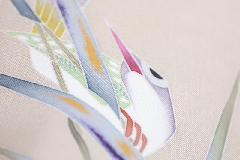 Authentic Kaga Yuzen Tsukesage  (formal kimono), brand new, unused, with certificate of authenticity, Hakusan Tsumugi silk, light green, shades of indigo and purple, green, ochre, reed bird design, Kyoko Kondo, L70