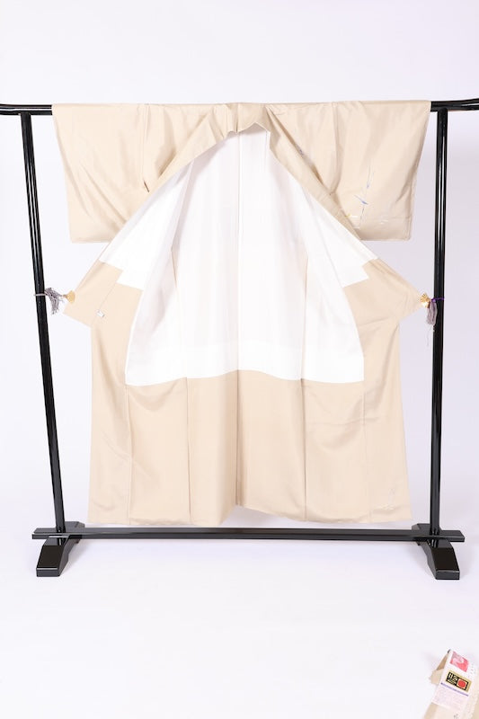Authentic Kaga Yuzen Tsukesage  (formal kimono), brand new, unused, with certificate of authenticity, Hakusan Tsumugi silk, light green, shades of indigo and purple, green, ochre, reed bird design, Kyoko Kondo, L70