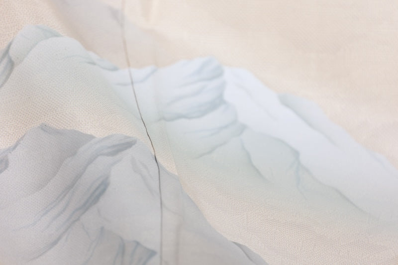 White Oshima Tsumugi used silk formal kimono (houmongi), off-white, mountain pattern, post-dyed, hand-painted, stencil-dyed, L69