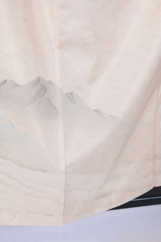 White Oshima Tsumugi used silk formal kimono (houmongi), off-white, mountain pattern, post-dyed, hand-painted, stencil-dyed, L69