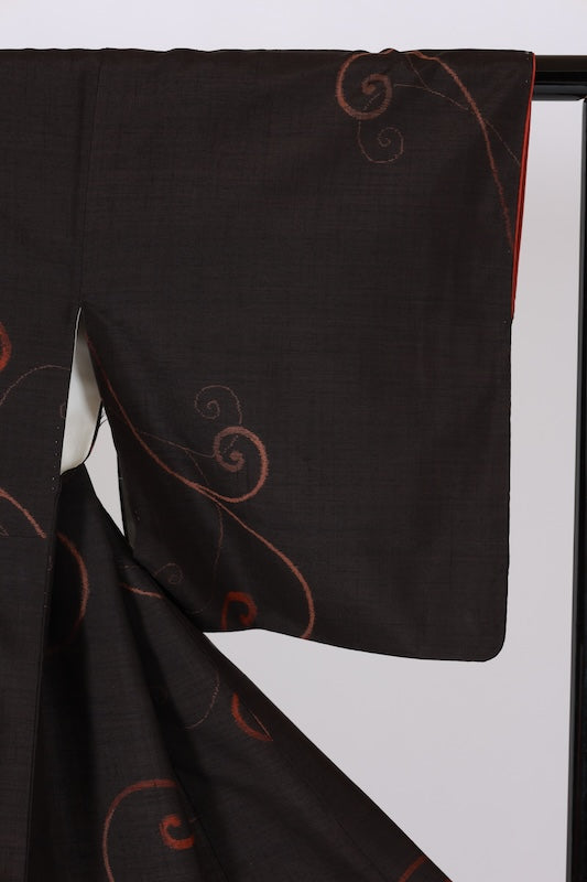 Japanese Kimono used Yonezawa Tsumugi silk fabric, black and light shades of brown, fern pattern, ikat weave, handwoven, L74