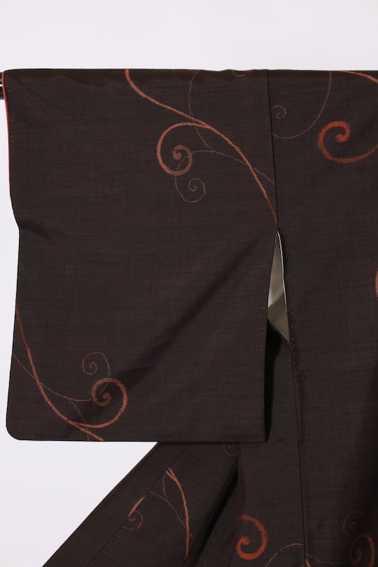 Japanese Kimono used Yonezawa Tsumugi silk fabric, black and light shades of brown, fern pattern, ikat weave, handwoven, L74