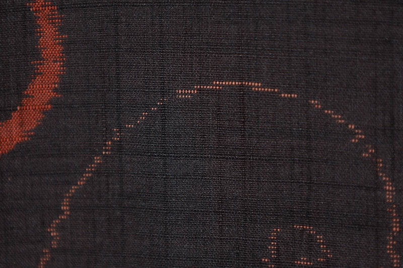 Japanese Kimono used Yonezawa Tsumugi silk fabric, black and light shades of brown, fern pattern, ikat weave, handwoven, L74