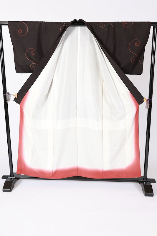 Japanese Kimono used Yonezawa Tsumugi silk fabric, black and light shades of brown, fern pattern, ikat weave, handwoven, L74