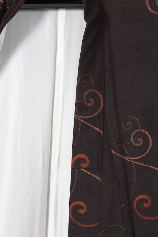 Japanese Kimono used Yonezawa Tsumugi silk fabric, black and light shades of brown, fern pattern, ikat weave, handwoven, L74
