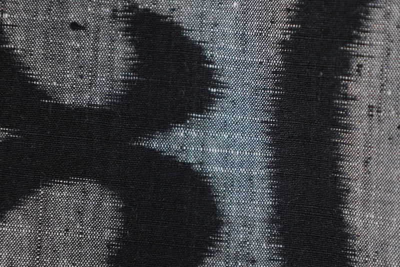 Japanese kimono used Silk pongee, shades of gray and black, arabesque pattern, ikat, handwoven, L75