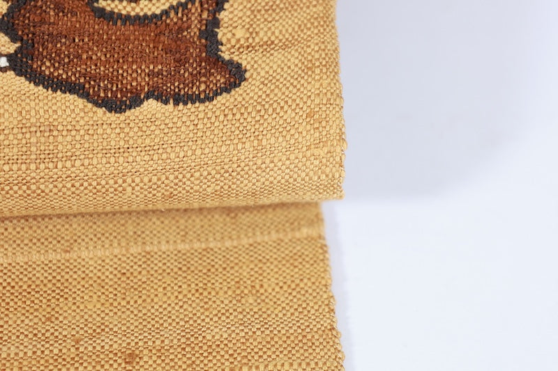 Nagoya obi used(sash), Tsumugi silk, mustard yellow, swallowtail red, blue, green, brown, white, beige, floral pattern, handwoven, L83