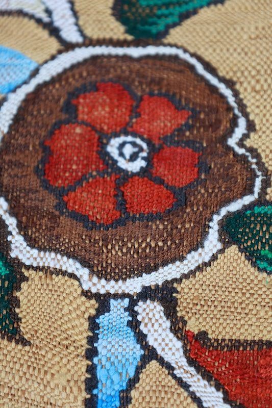 Nagoya obi used(sash), Tsumugi silk, mustard yellow, swallowtail red, blue, green, brown, white, beige, floral pattern, handwoven, L83