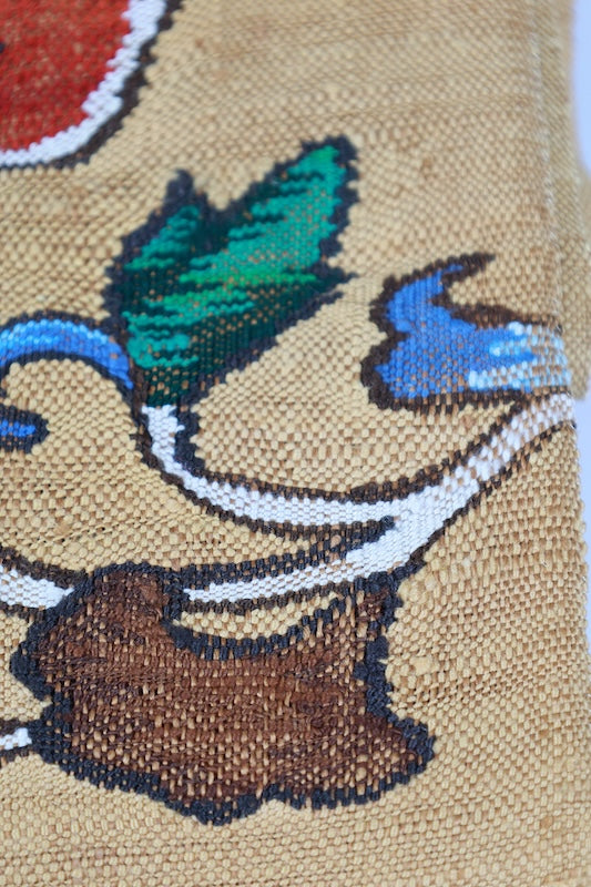 Nagoya obi used(sash), Tsumugi silk, mustard yellow, swallowtail red, blue, green, brown, white, beige, floral pattern, handwoven, L83