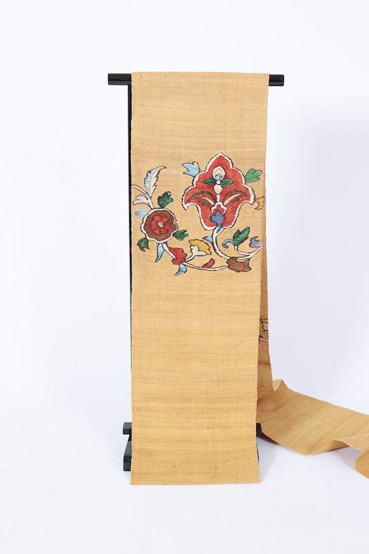 Nagoya obi used(sash), Tsumugi silk, mustard yellow, swallowtail red, blue, green, brown, white, beige, floral pattern, handwoven, L83