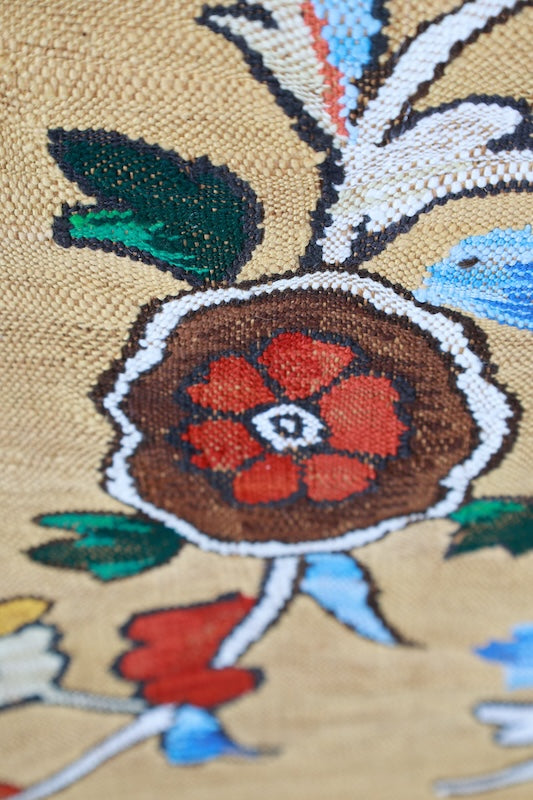 Nagoya obi used(sash), Tsumugi silk, mustard yellow, swallowtail red, blue, green, brown, white, beige, floral pattern, handwoven, L83