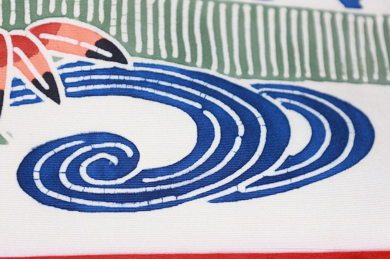 Nagoya obi used (sash), Bingata style, by a renowned artist, in off-white, indigo, green, brown, gray, blue, featuring floral, wave, and bamboo fence motifs, hand-dyed, stencil-dyed, L77