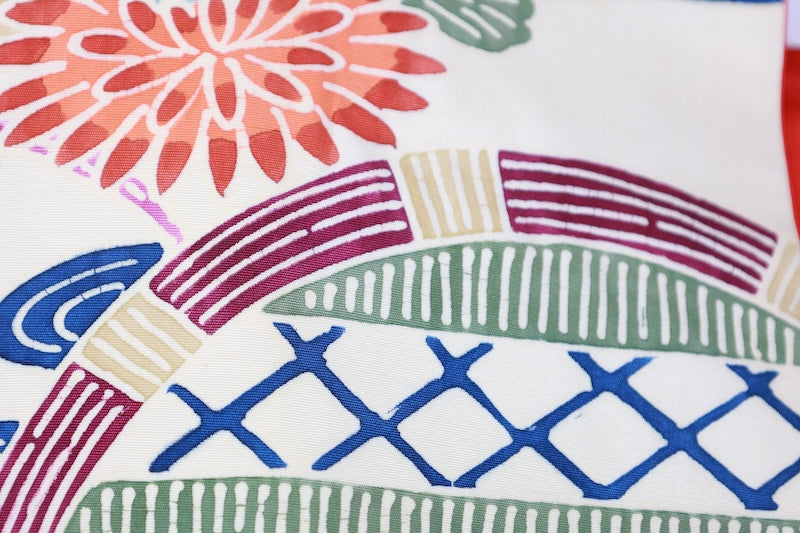 Nagoya obi used (sash), Bingata style, by a renowned artist, in off-white, indigo, green, brown, gray, blue, featuring floral, wave, and bamboo fence motifs, hand-dyed, stencil-dyed, L77