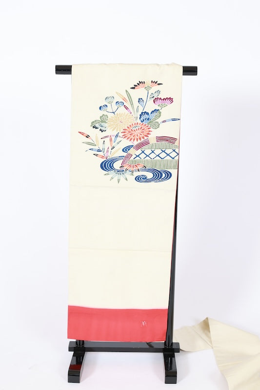 Nagoya obi used (sash), Bingata style, by a renowned artist, in off-white, indigo, green, brown, gray, blue, featuring floral, wave, and bamboo fence motifs, hand-dyed, stencil-dyed, L77