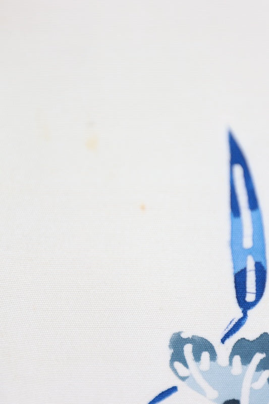 Nagoya obi used (sash), Bingata style, by a renowned artist, in off-white, indigo, green, brown, gray, blue, featuring floral, wave, and bamboo fence motifs, hand-dyed, stencil-dyed, L77