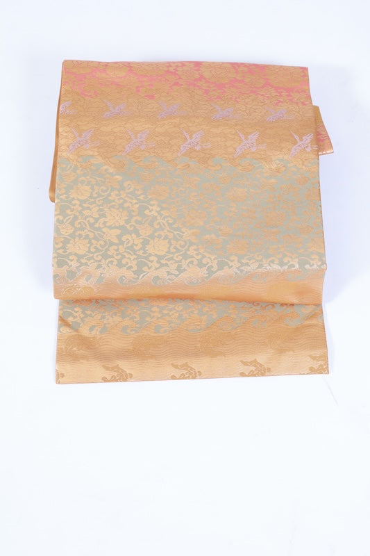 Nagoya obi used(sash) - Gold, purple, blue-gray, coral, rough shore, Chinese flower, bird, peony - L80